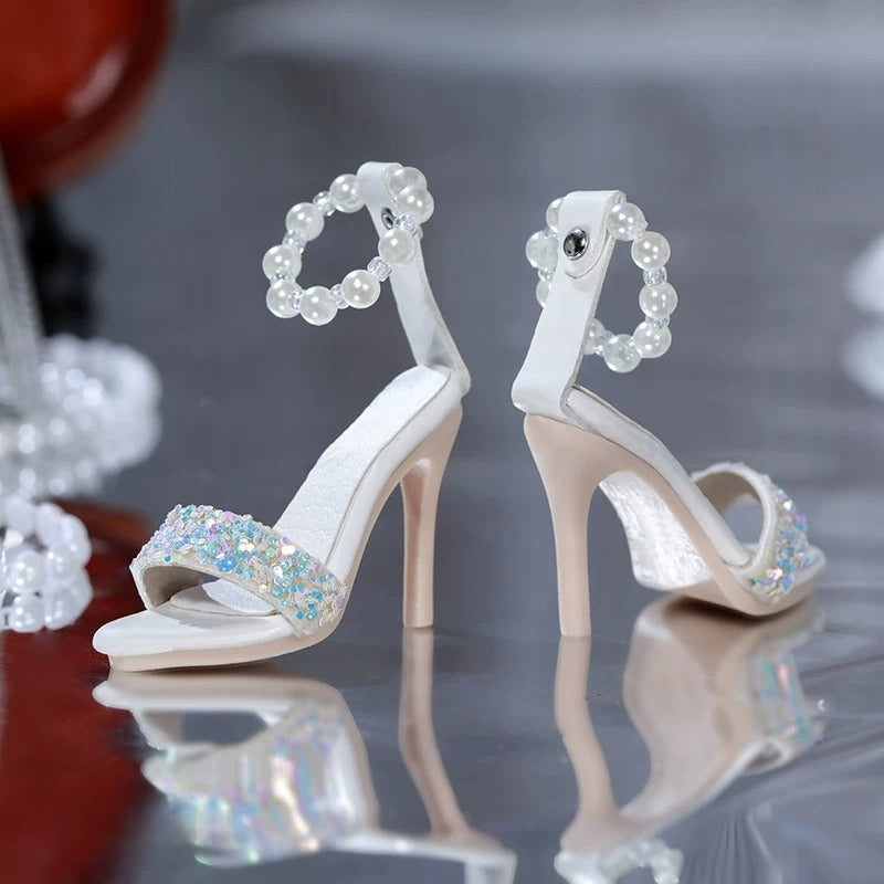 BJD 1/4 Scale Heeled Pearl Shoes | Vintage Elegant Doll Footwear