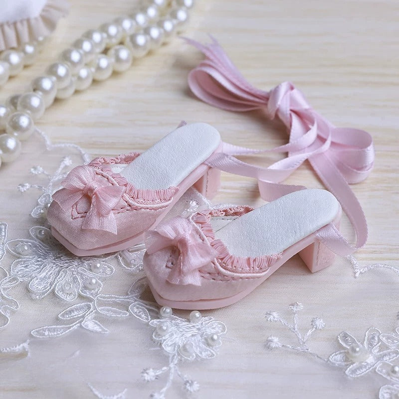 BJD Doll Shoes – 1/4 Lolita Mule with Bow & Lace-Up for High Heel Feet