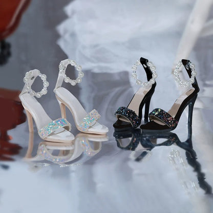 BJD 1/4 Scale Heeled Pearl Shoes | Vintage Elegant Doll Footwear