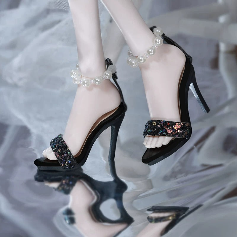 BJD 1/4 Scale Heeled Pearl Shoes | Vintage Elegant Doll Footwear