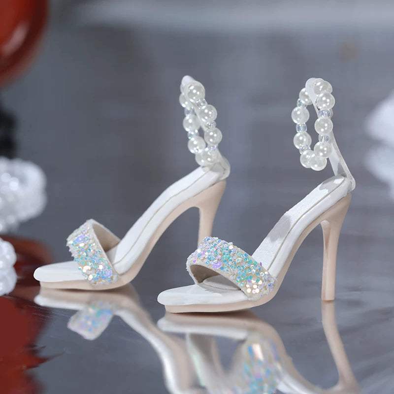 BJD 1/4 Scale Heeled Pearl Shoes | Vintage Elegant Doll Footwear