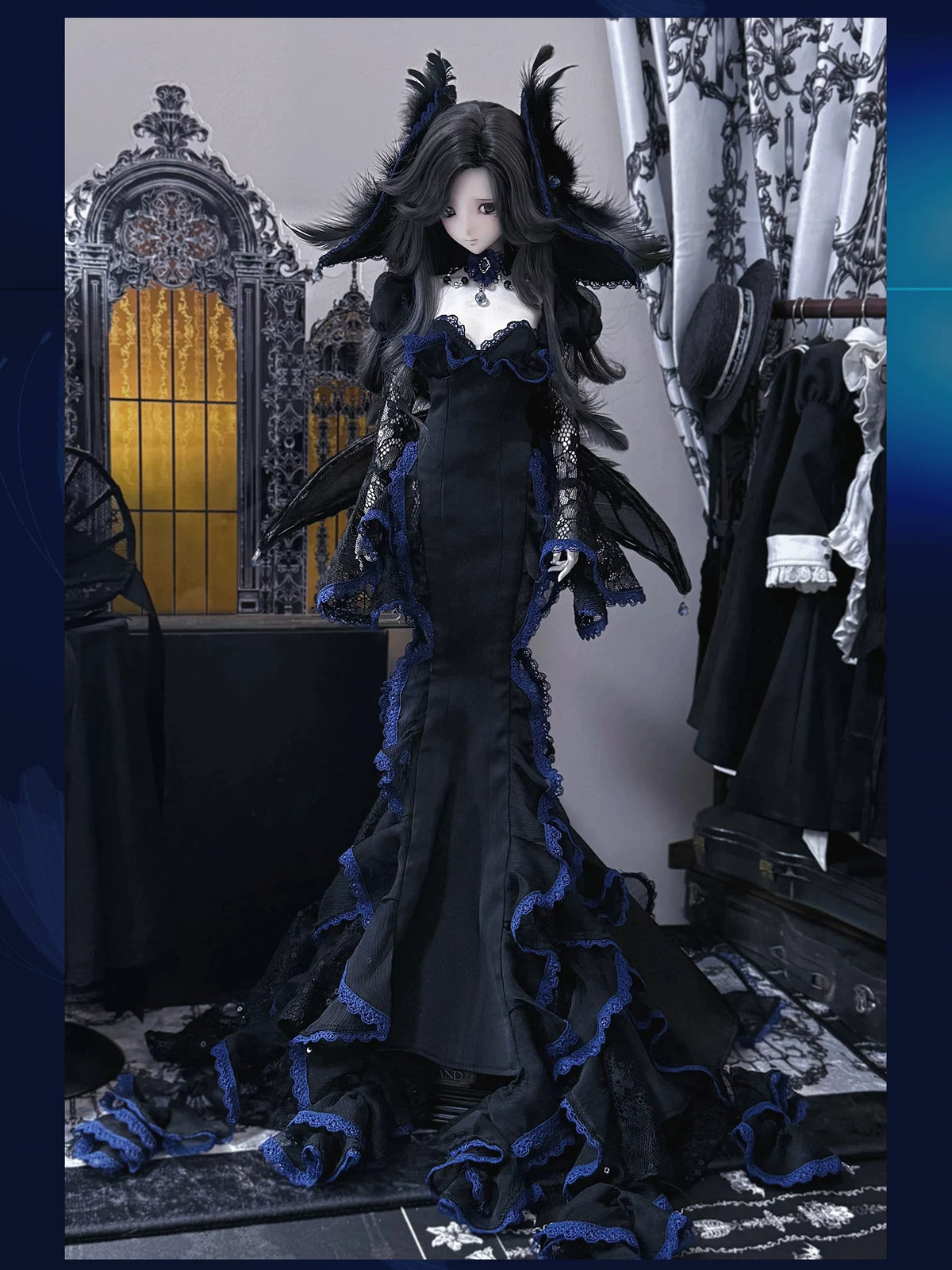 Nocturne Moth Fishtail Gown | BJD 1/3 & 1/4 Doll Dress Set | Vintage Elegance