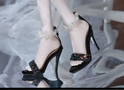 BJD 1/4 Scale Heeled Pearl Shoes | Vintage Elegant Doll Footwear