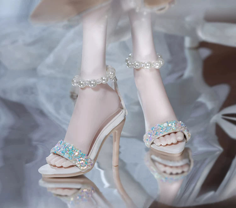 BJD 1/4 Scale Heeled Pearl Shoes | Vintage Elegant Doll Footwear