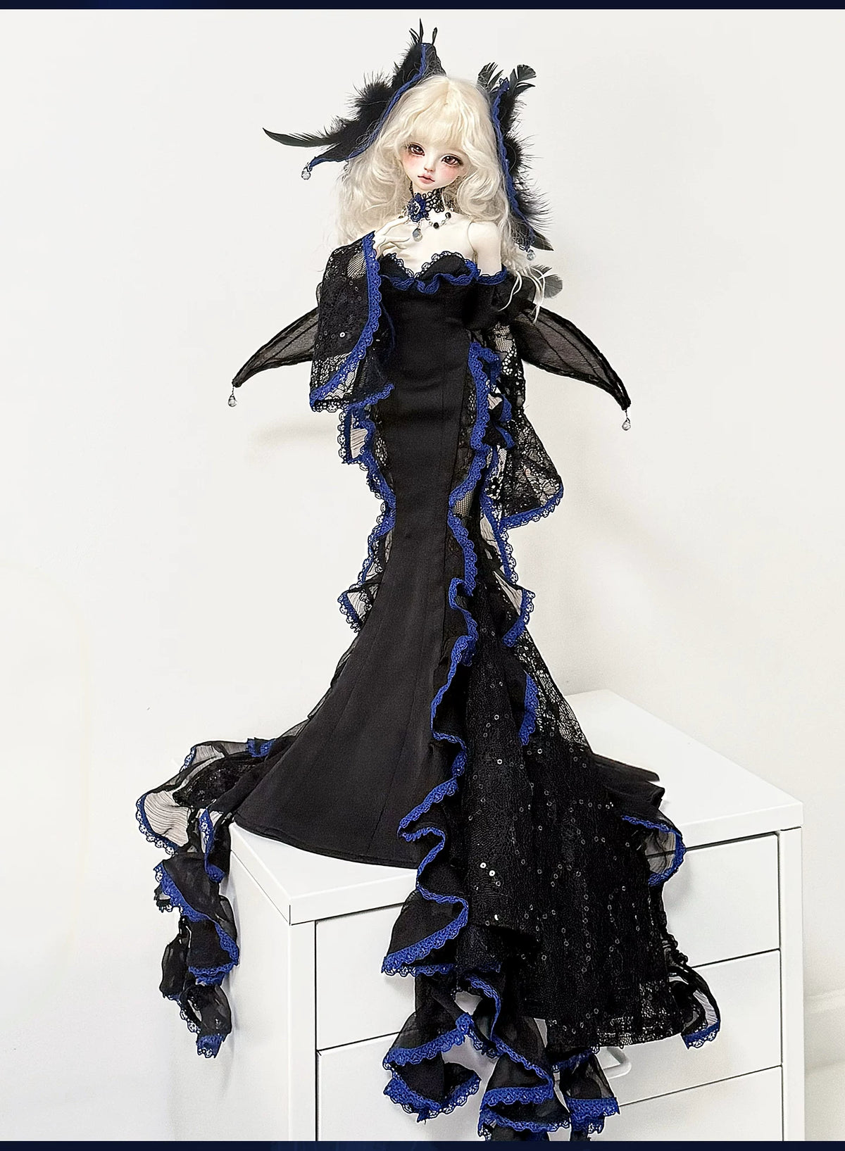 Nocturne Moth Fishtail Gown | BJD 1/3 & 1/4 Doll Dress Set | Vintage Elegance