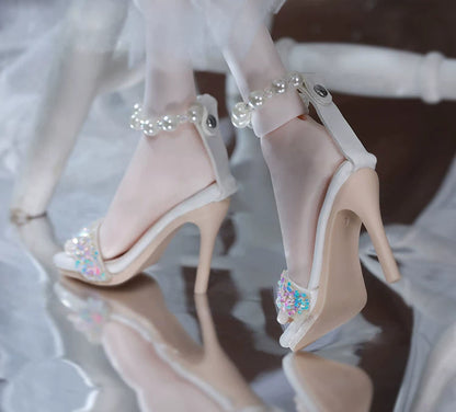 BJD 1/4 Scale Heeled Pearl Shoes | Vintage Elegant Doll Footwear