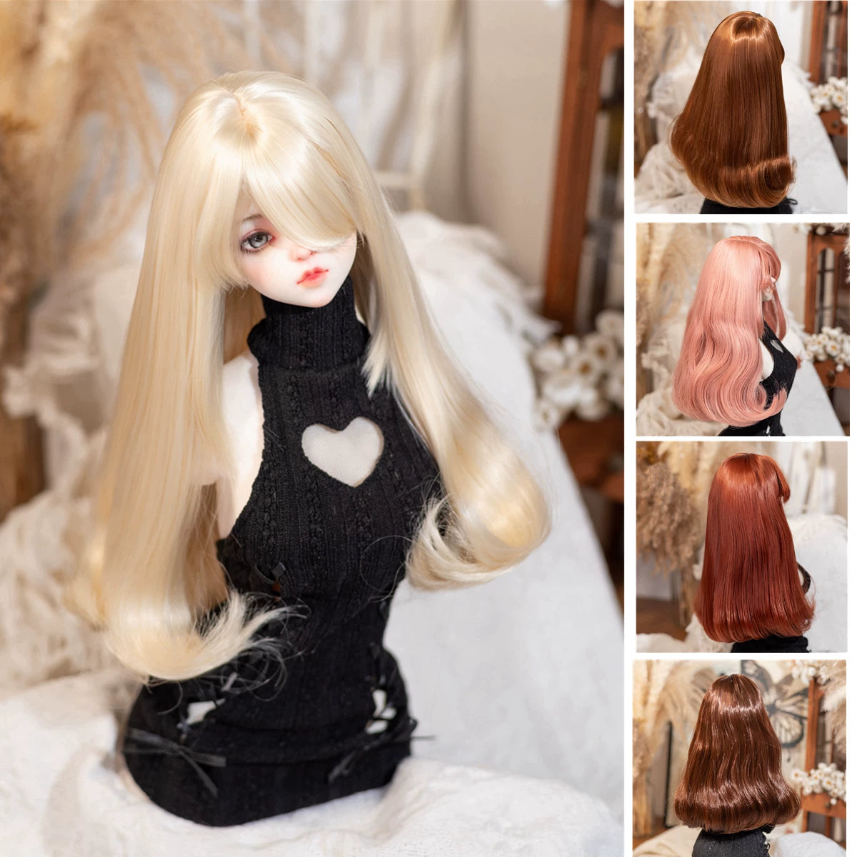 Soft Long Curly BJD Wig with Curled-In Bangs – Fits 1/3, 1/4 & 1/6 Dolls