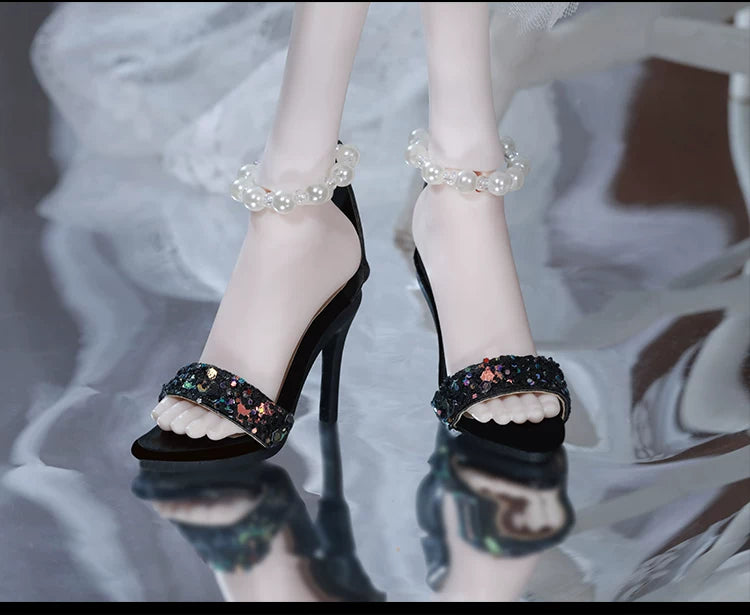 BJD 1/4 Scale Heeled Pearl Shoes | Vintage Elegant Doll Footwear