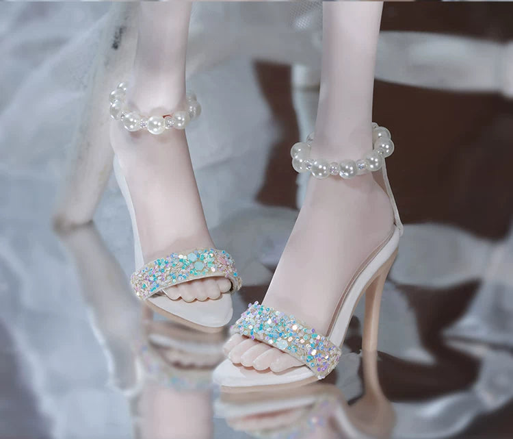 BJD 1/4 Scale Heeled Pearl Shoes | Vintage Elegant Doll Footwear