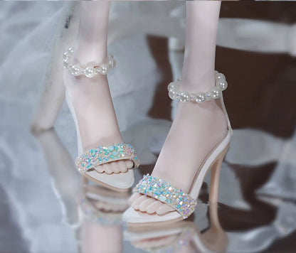 BJD 1/4 Scale Heeled Pearl Shoes | Vintage Elegant Doll Footwear
