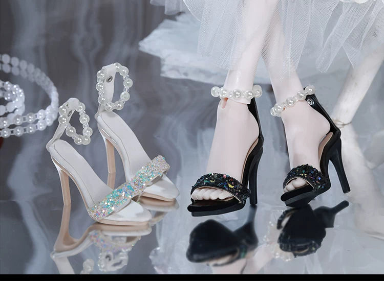 BJD 1/4 Scale Heeled Pearl Shoes | Vintage Elegant Doll Footwear