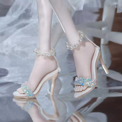 BJD 1/4 Scale Heeled Pearl Shoes | Vintage Elegant Doll Footwear