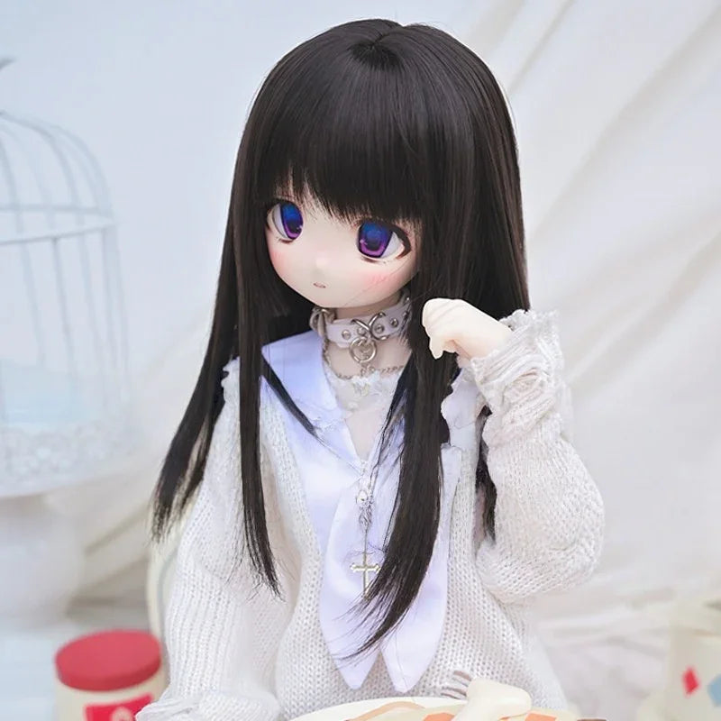 BJD doll with long black hair, purple eyes, white sweater, and silver choker necklace