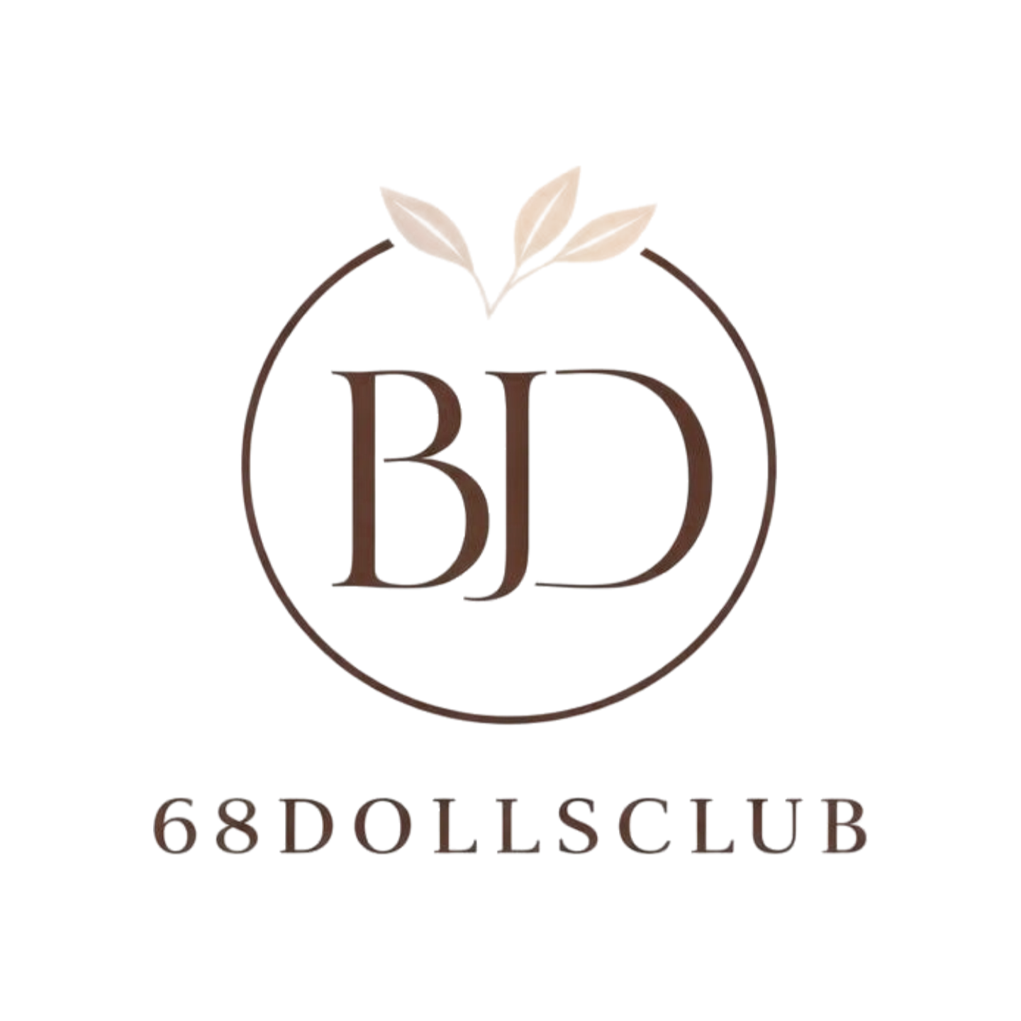 Minimalist BJD logo with brown circle, stylized leaves, and bold text for ball-jointed doll shop