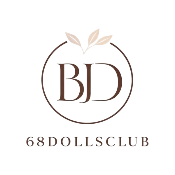 Minimalist BJD logo with brown circle, stylized leaves, and bold text for ball-jointed doll shop
